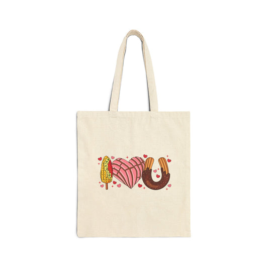 “I Love You” Elote, Concha and Churro Valentine Canvas Tote Bag